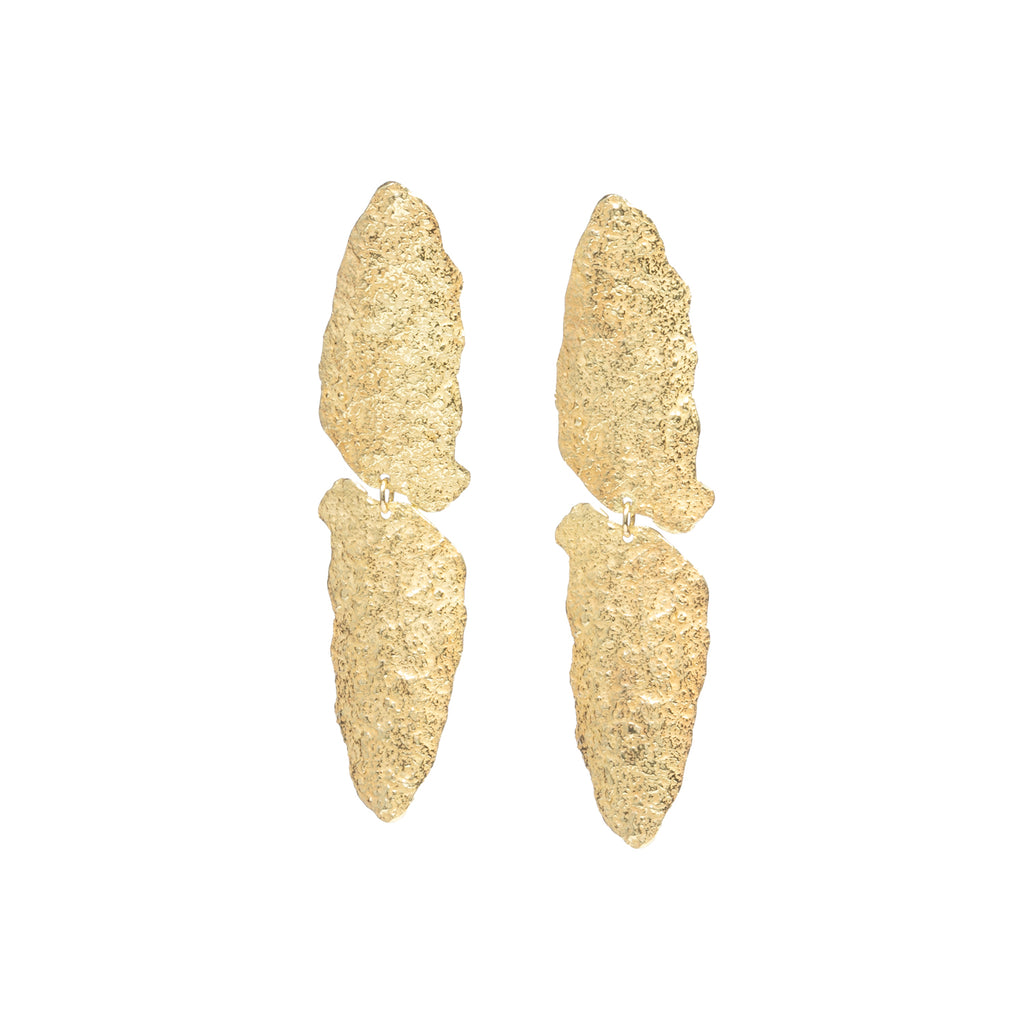 Good Vibes Gold Earrings by Emanuela Duca - Textured 18K yellow gold elements designed for movement and radiant light. Radiating elegance and positivity, these earrings are the perfect accessory to add a touch of sparkle to any occasion. Posts & clips. Height: 2.5 inches.